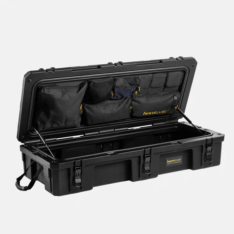 Schwarze horntools transportbox dachbox offroad 98 liter mit verstärkten ecken und innenfach mesh, transportbox wasserdicht