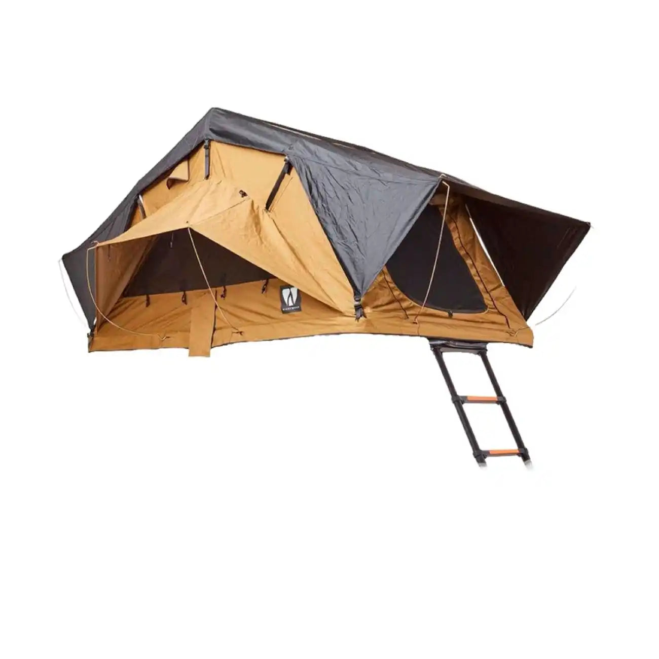 Dachzelt mit beigen Canvas-Seiten, dunklem Dach und befestigter Leiter.