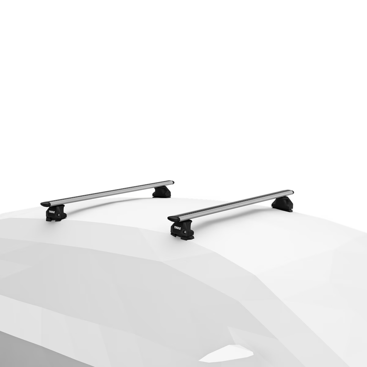Silberne thule wingbar evo dachträgerleisten montiert auf einem weißen auto