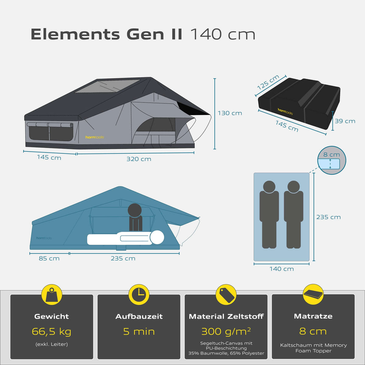 Dachzelt Elements Gen II 140 cm Midnight Stone von horntools – Dachzelt