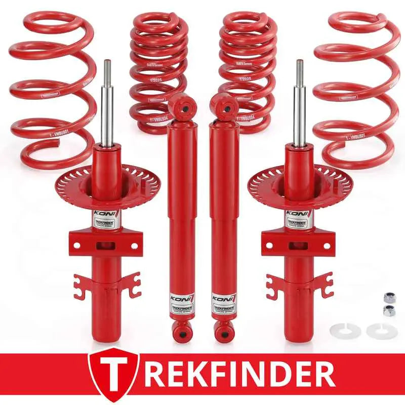 Höherlegungsfahrwerk trekfinder für bus t5 transporter mit roten koni coilover federn für permanent hohe zuladung