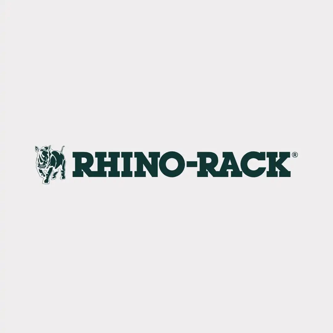 Rhino-Rack-Logo in dunkelgrünem Text mit einem kleinen Rhinozeros-Icon.