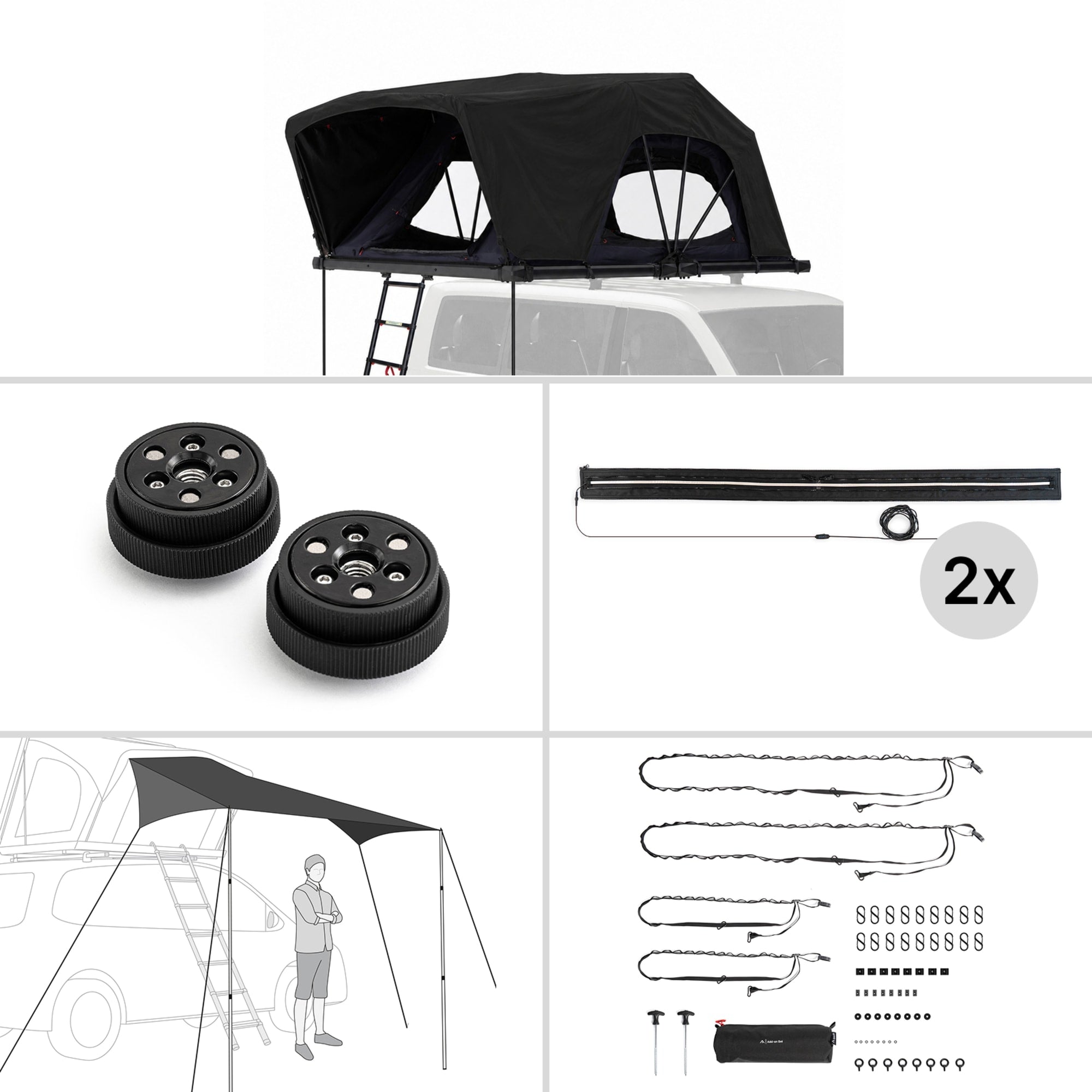 qeedo Freedom Family 4 Bundle – Dachzelt mit Tarp, LED Door Lights, Add-On Set und Lock-Set