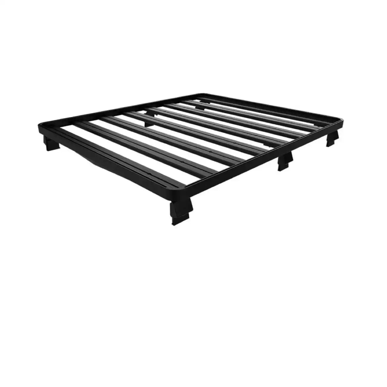 Schwarzes Metallbettgestell mit parallelen Unterstützungsleisten.