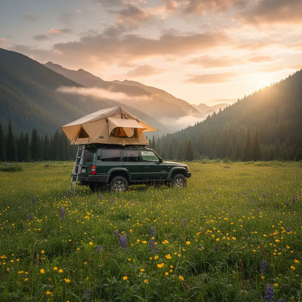 Tan dachzelt auf grünem suv montiert zeigt sorgfältig ausgewählte auswahl und wichtigsten kaufkriterien beim dachzelt kaufen