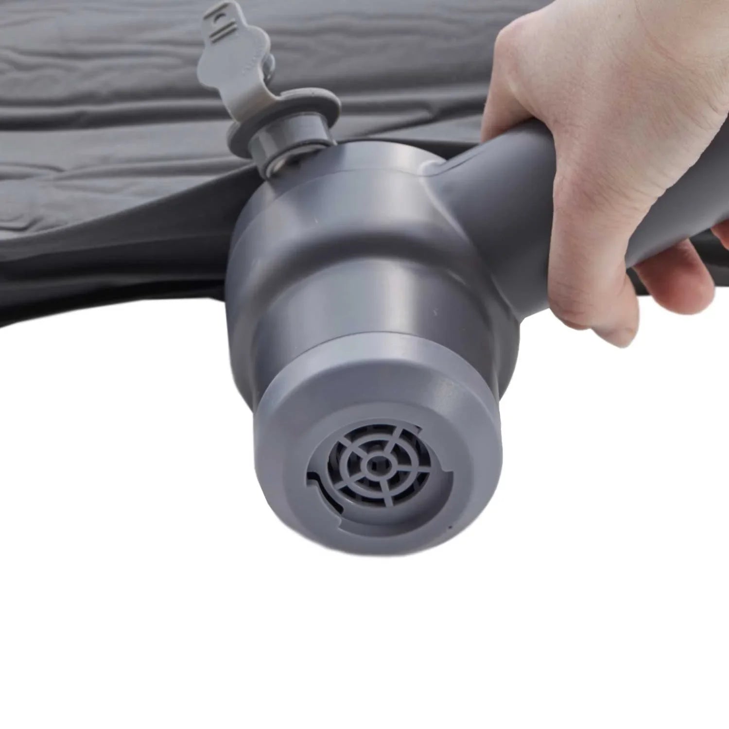 Graue plastikluftpumpe mit handgriff und ventilaufsatz zum aufpumpen der dachzelt luftmatratze selbstaufblasend cumaru 135