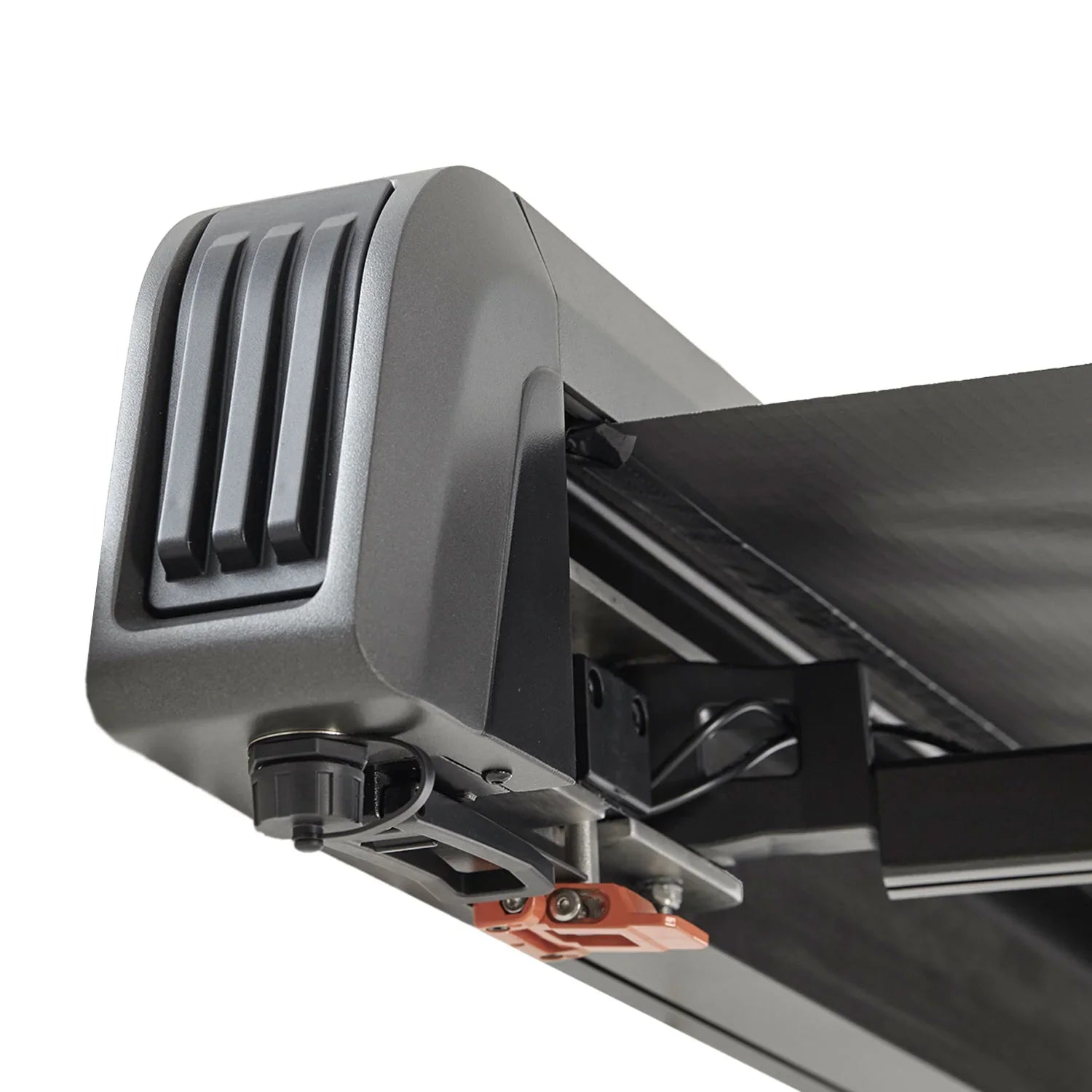 Graues aluminiumgehäuse mit vertikalen lamellen und schwarzen mechanischen teilen für branch automatic automatische 2m seitenmarkise mit automatischem einrollen