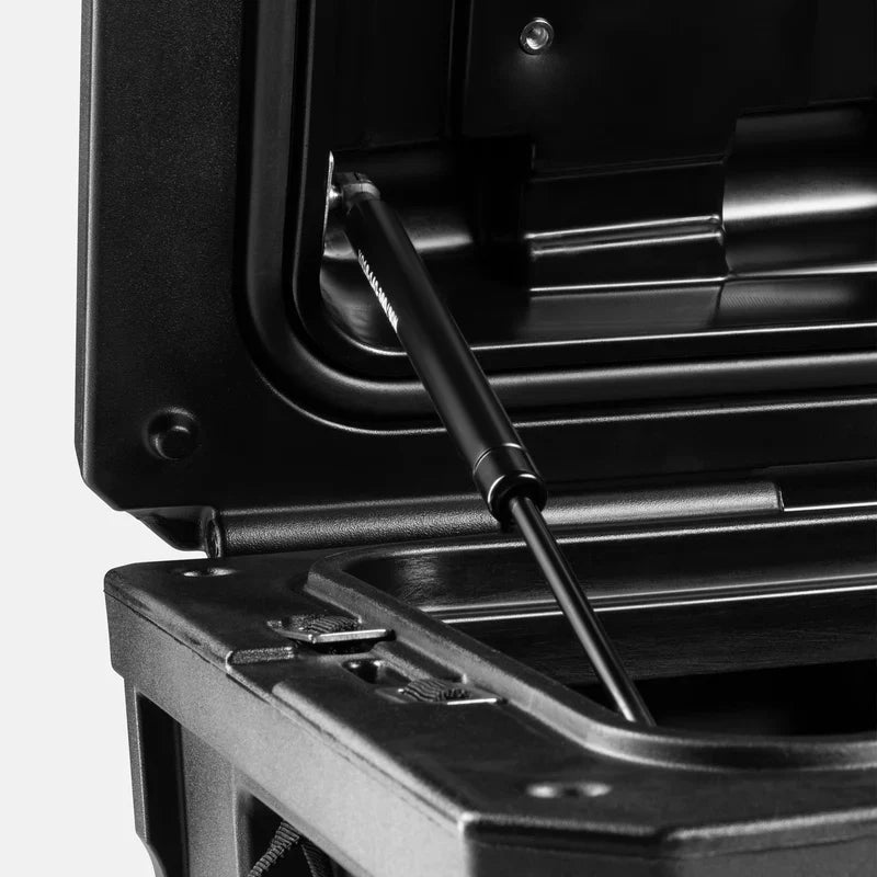 Schwarze metall-gasfeder mit zylindrischem design und graviertem text für horntools transportbox wasserdicht offroad 98 liter