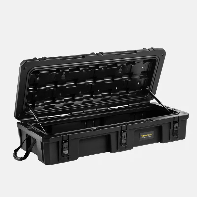 Schwarze horntools transportbox dachbox offroad 98 liter mit hartschalengehäuse und verstärkten ecken für organisierten stauraum