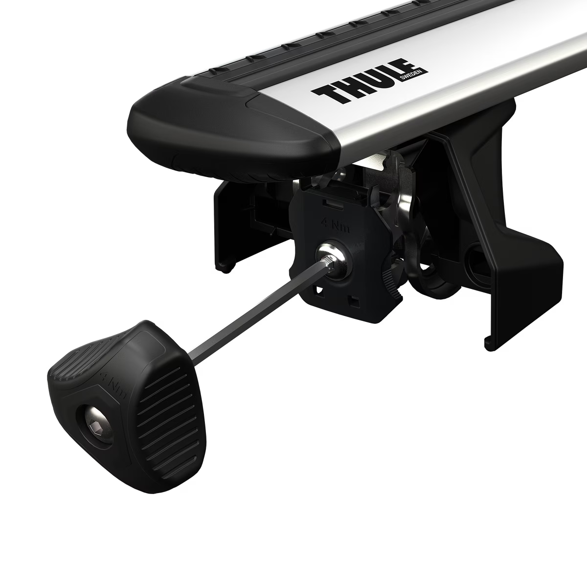 Schwarzer und silberner thule wingbar evo dachträger mit schließmechanismus aus metall für sichere ladung