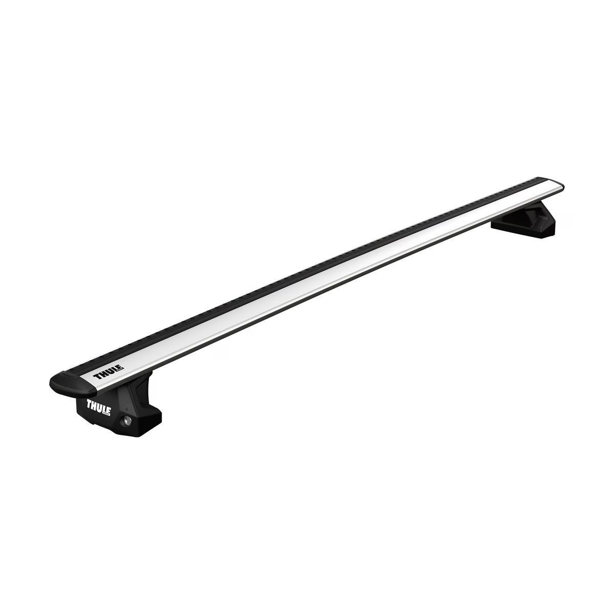 Silberner thule wingbar evo dachträger mit schwarzen halterungen aus metall für sichere montage