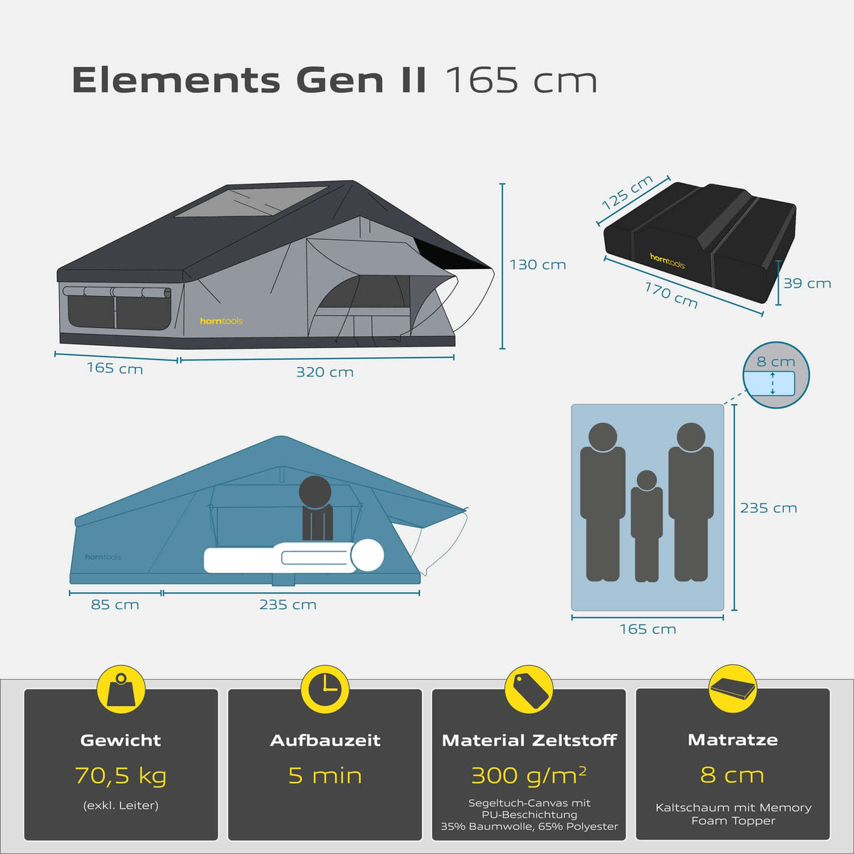 Dachzelt Elements Gen II 165 cm Midnight Stone von horntools – Dachzelt
