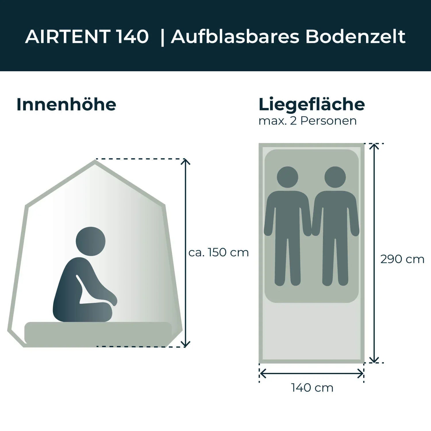 Freistehendes Campingzelt aufblasbar 140 grau