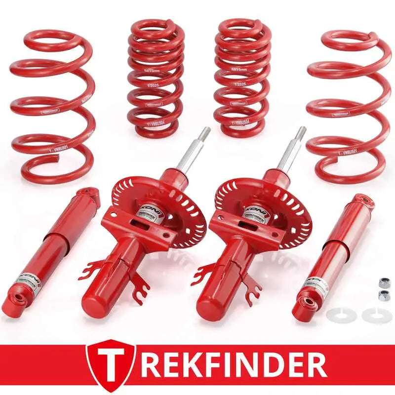 Rotes performance coilover fahrwerk mit dämpfern und federn für bus t5 transporter mit permanent hohe zuladung