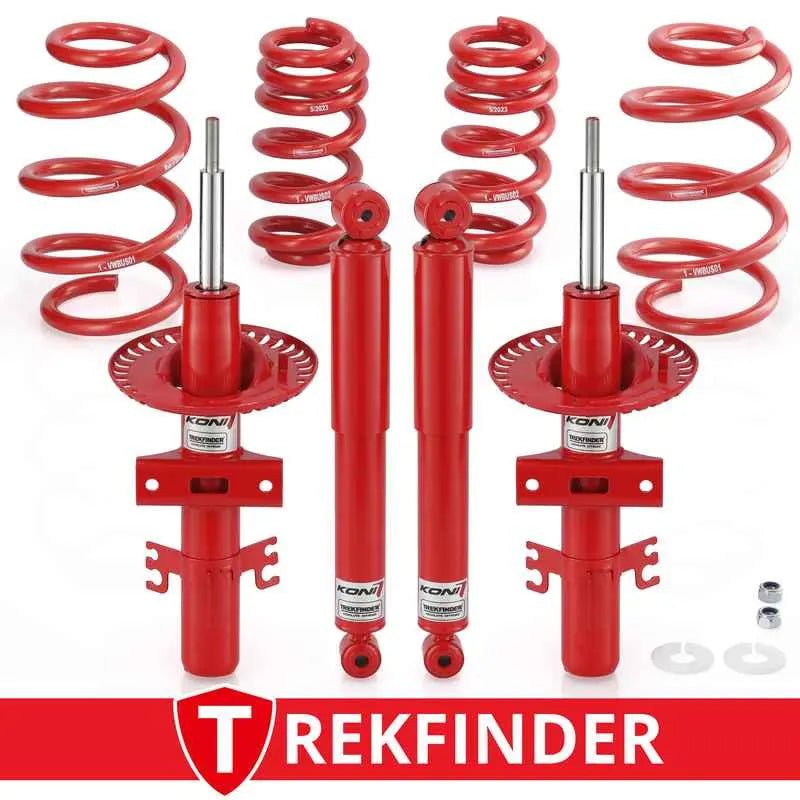 Höherlegungsfahrwerk trekfinder für bus t5 transporter mit roten koni coilovers und federn für mittlere zuladung