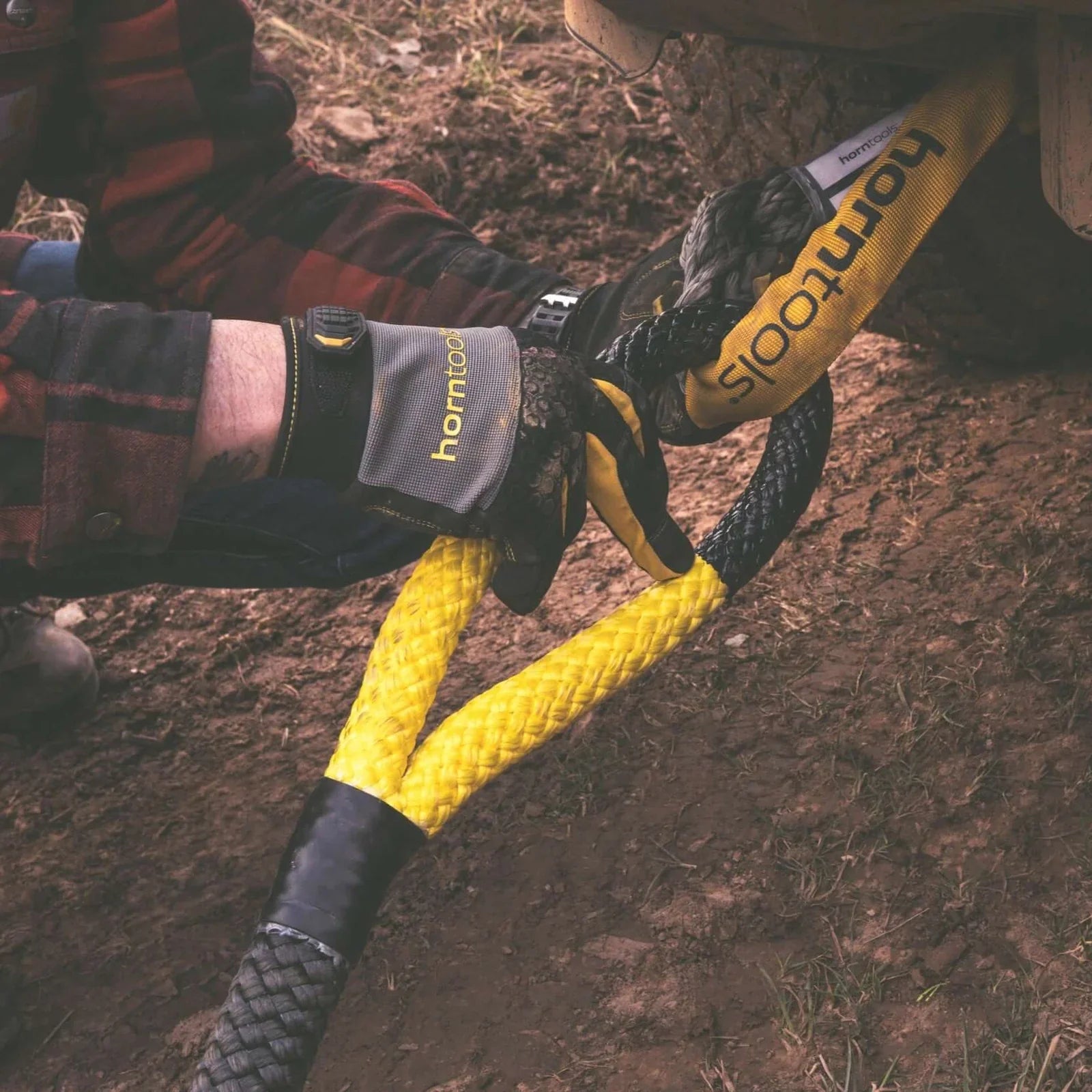 Horntools bergeseil kinetisch aus gelb-schwarzem geflochtenem synthetikseil mit horntools branding