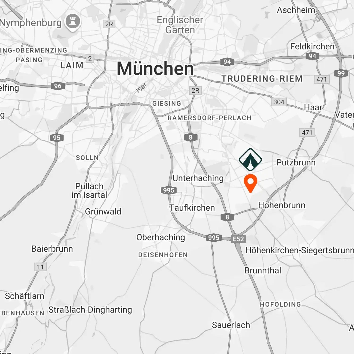 Karte, die München und seine Umgebung in Schwarzweiß zeigt.