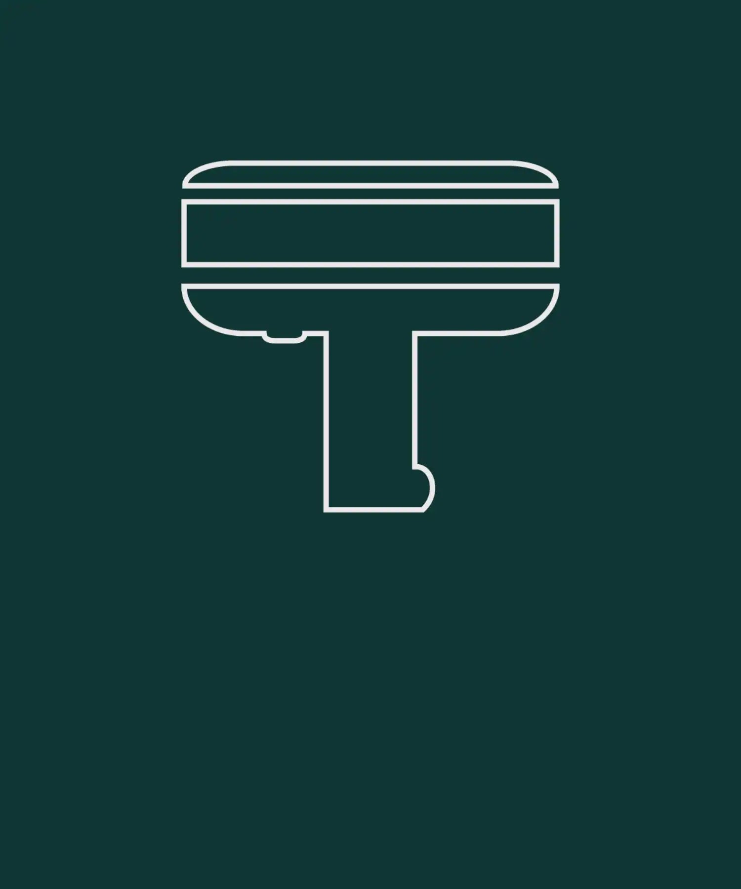 Eine weiße Strichzeichnung eines Waschbeckens mit Sockel auf dunkelgrünem Hintergrund.